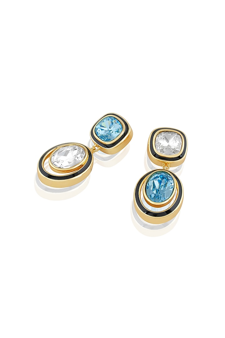 Gold Plated Aquamarine Crystal Enameled Dangler Earrings by Isharya at Pernia's Pop Up Shop