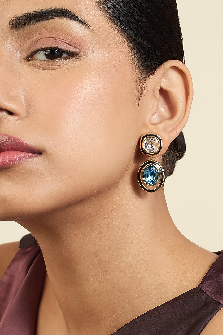 Gold Plated Aquamarine Crystal Enameled Dangler Earrings by Isharya at Pernia's Pop Up Shop