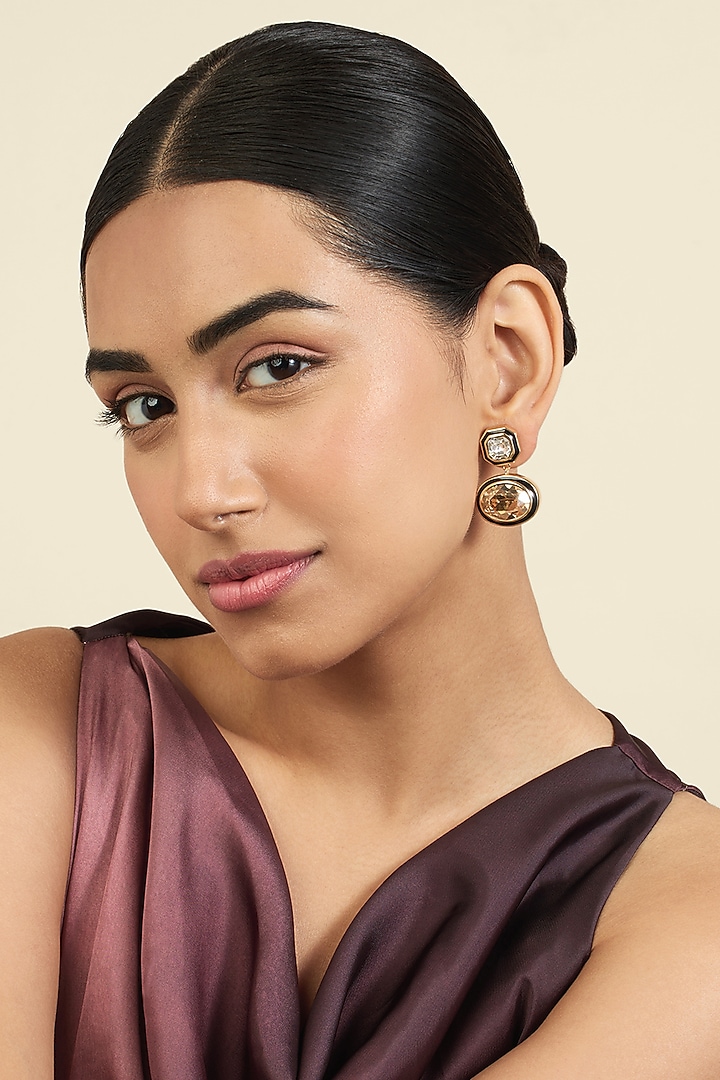 Gold Plated Mocha Mousse Crystal Enameled Dangler Earrings by Isharya at Pernia's Pop Up Shop