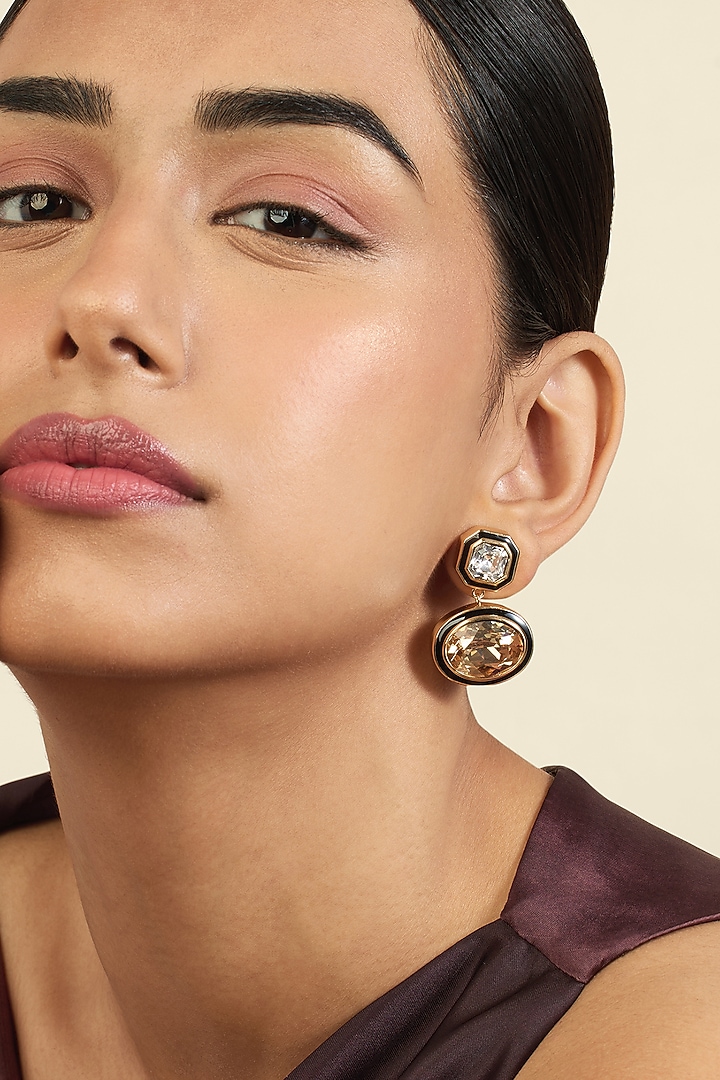 Gold Plated Mocha Mousse Crystal Enameled Dangler Earrings by Isharya at Pernia's Pop Up Shop