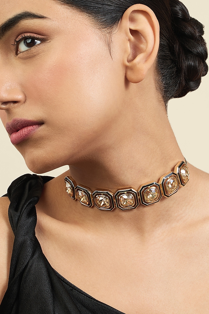Gold Plated Mocha Mousse Crystal Enameled Choker Necklace by