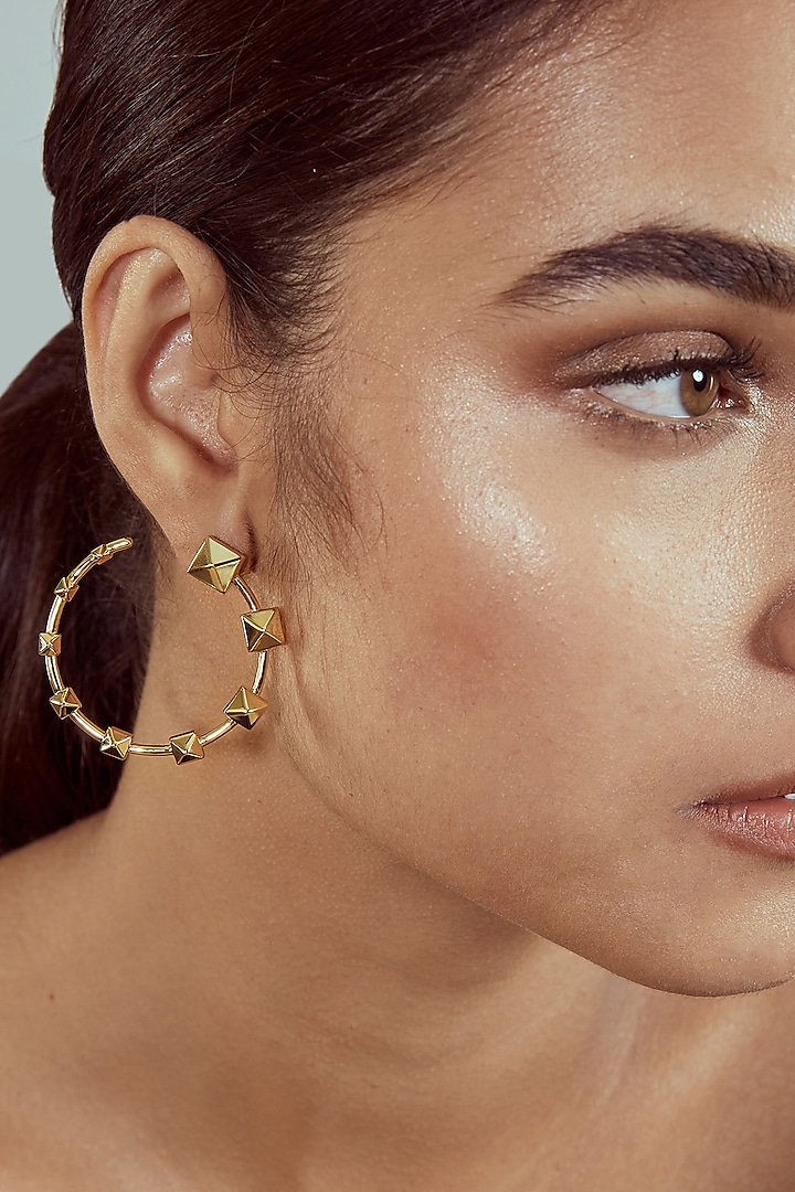 Gold Finish Synthetic Stone Hoop Earrings by Isharya
