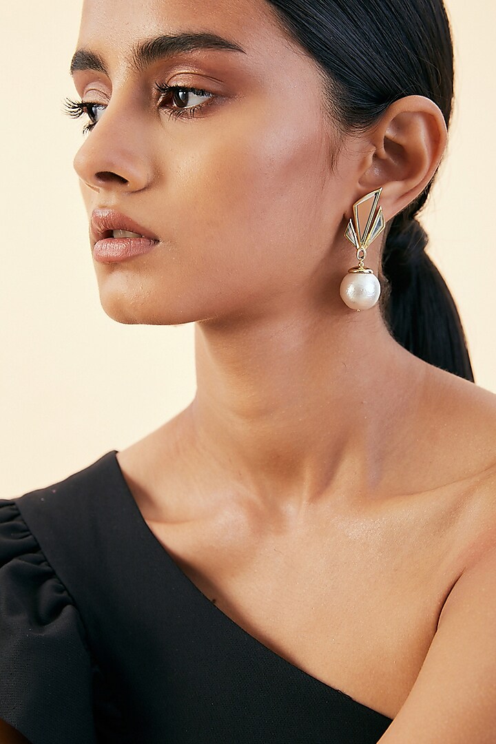Gold Finish Mirror & Pearl Dangler Earrings by Isharya at Pernia's Pop Up Shop