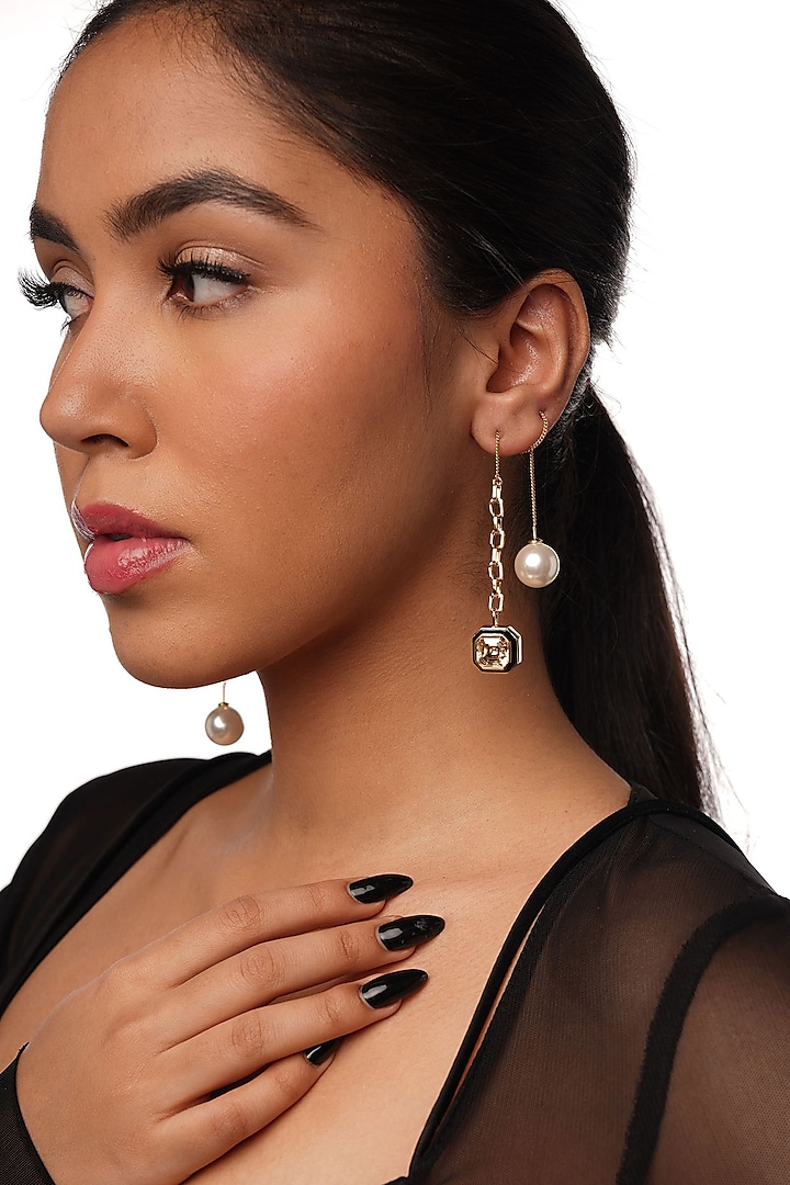 Gold Plated Crystal & Pearl Dangler Earrings by Isharya