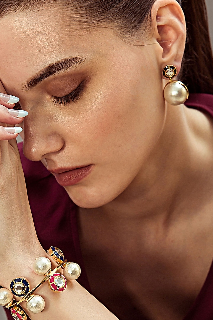 Gold Finish Mirror & Cotton Pearl Enamelled Dangler Earrings by Isharya
