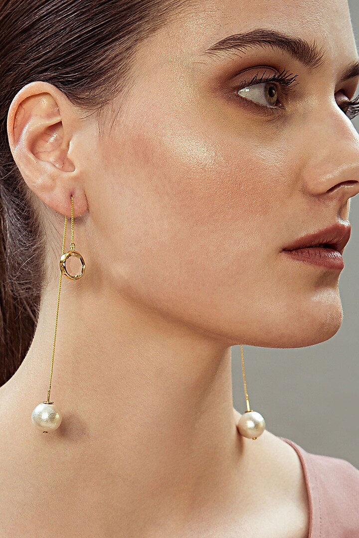 Gold Finish Mirror & Cotton Pearl Dangler Earrings by Isharya