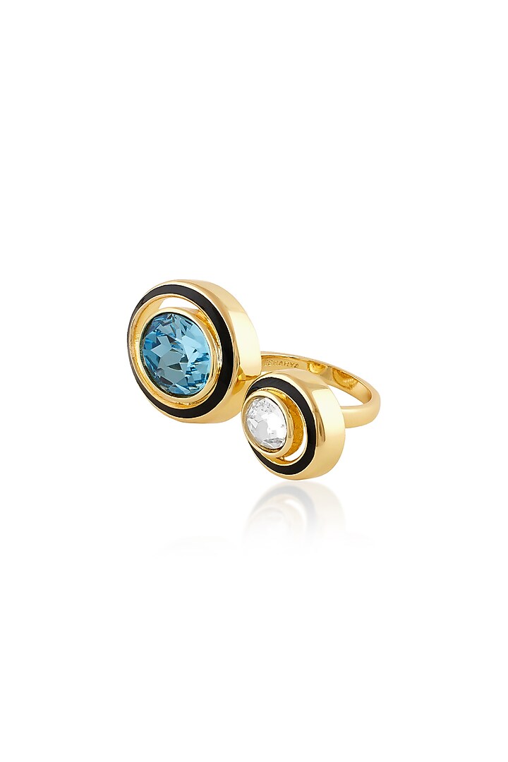Gold Plated Aquamarine Crystal Enamelled Two-Head Ring by Isharya at Pernia's Pop Up Shop