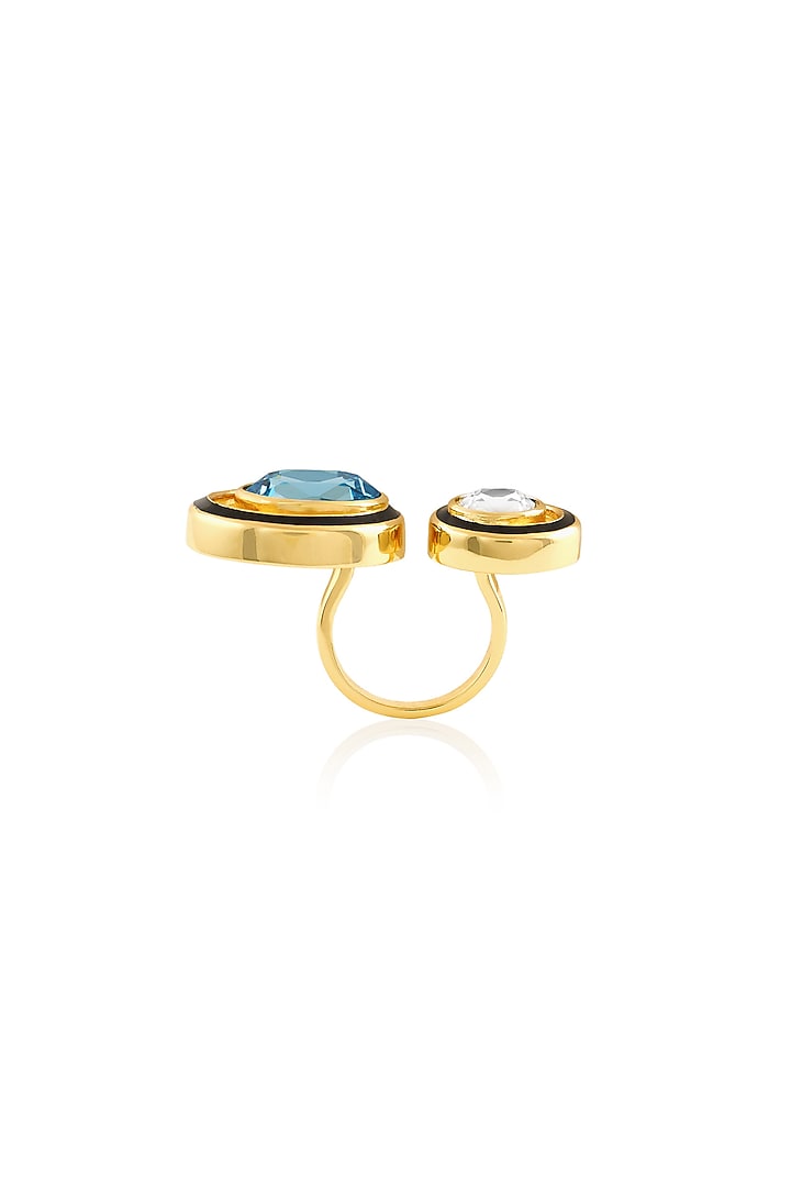 Gold Plated Aquamarine Crystal Enamelled Two-Head Ring by Isharya at Pernia's Pop Up Shop