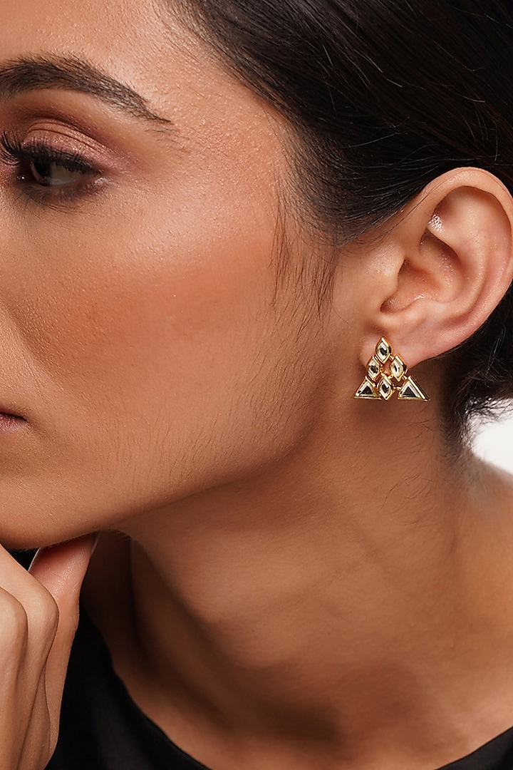 Gold Finish Mirror Stud Earrings by Isharya