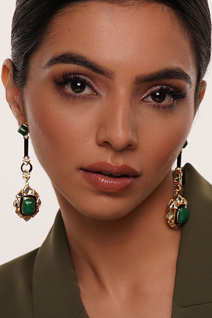 Gold Finish Polki-Cut Mirror & Carved Green Stone Dangler Earrings by Isharya
