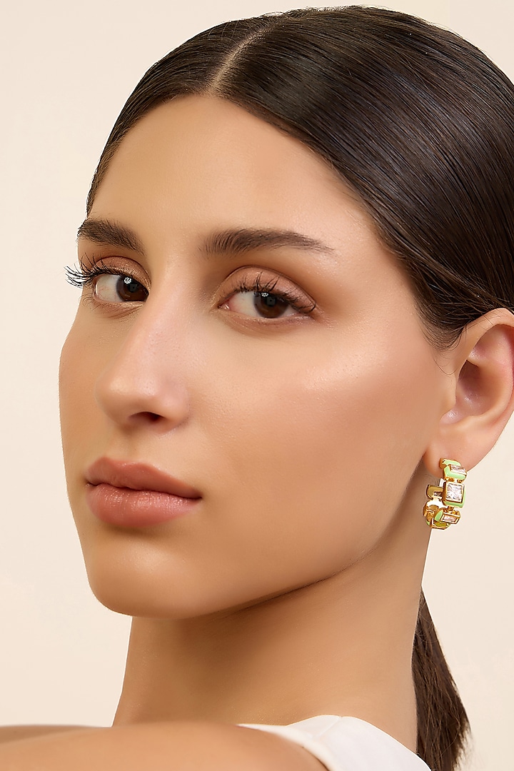 Gold Plated CZ Green Enameled Hoop Earrings by Isharya