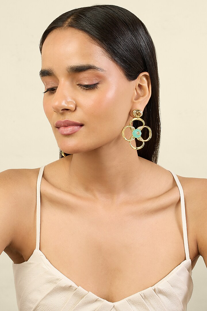 Gold Plated Turquoise Stone Dangler Earrings by Isharya at Pernia's Pop Up Shop