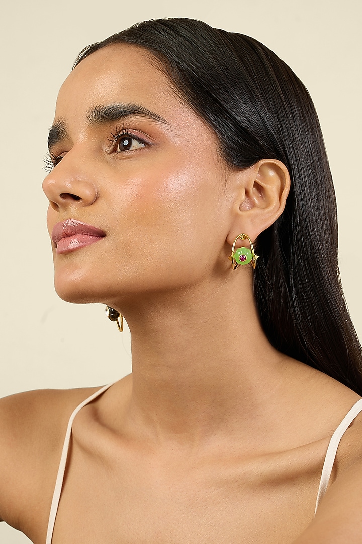Gold Plated Green Crystal & Zircon Huggie Hoop Earrings by Isharya at Pernia's Pop Up Shop