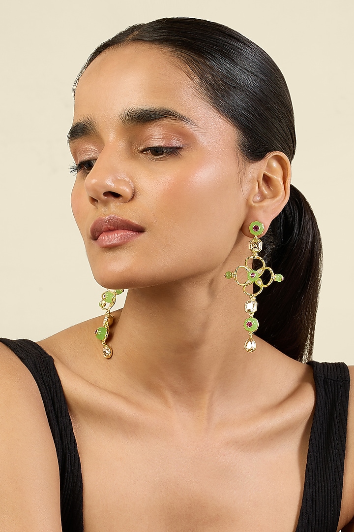 Gold Plated Green Crystal & Zircon Dangler Earrings by Isharya at Pernia's Pop Up Shop