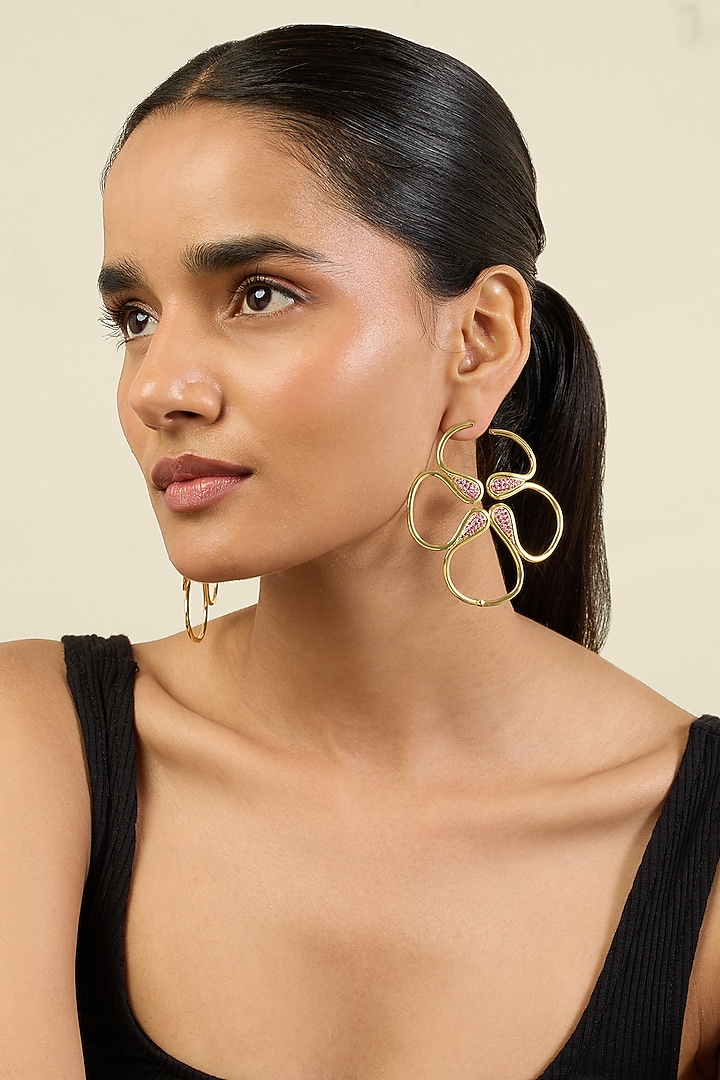 Gold Plated Pink Crystal & Zircon Dangler Earrings by Isharya at Pernia's Pop Up Shop