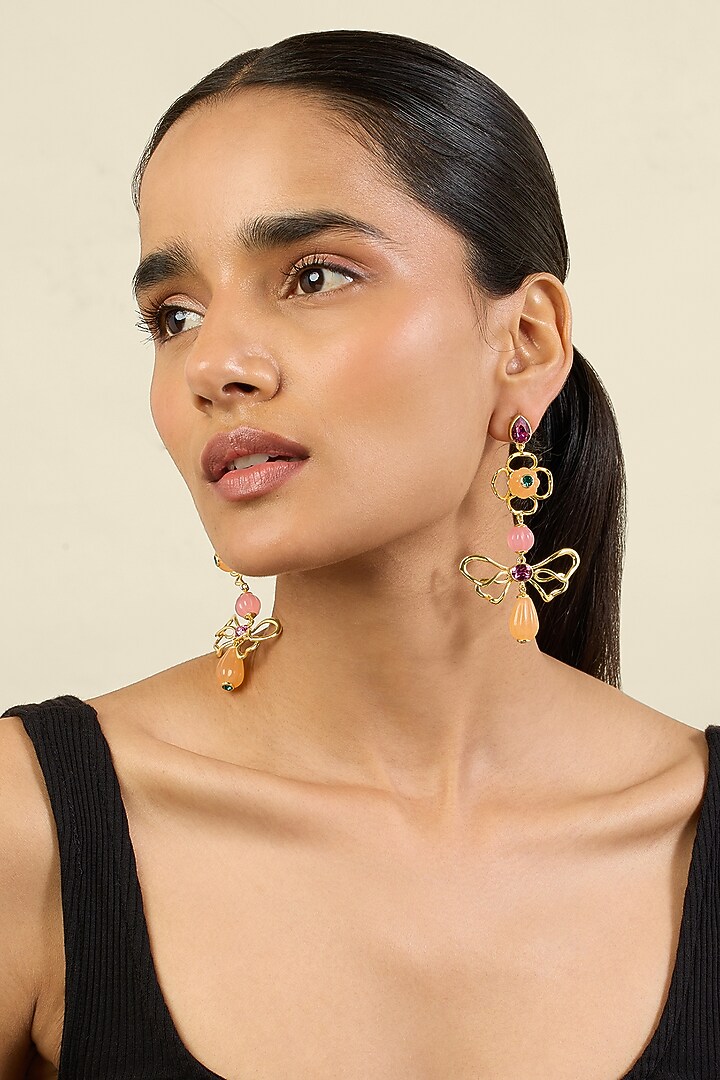 Gold Plated Pink Crystal & Zircon Dangler Earrings by Isharya at Pernia's Pop Up Shop