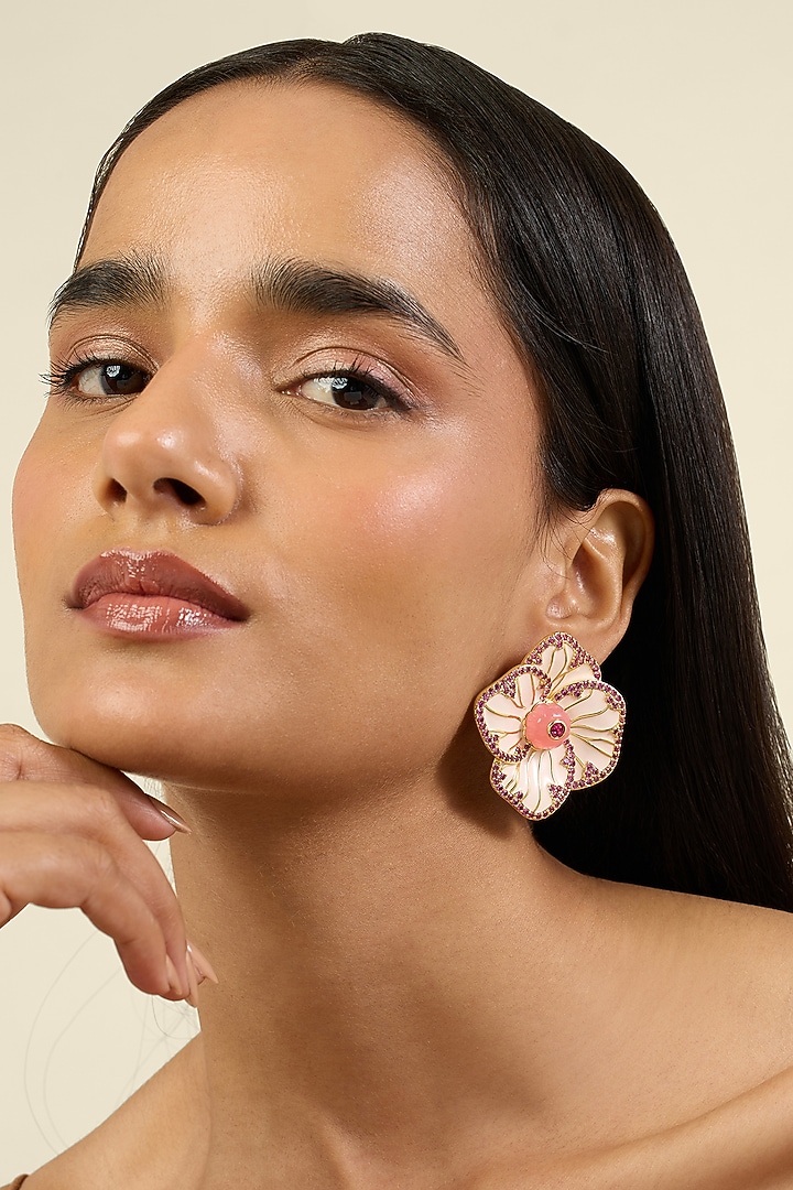 Gold Plated Crystal Zirconia & Red Stone Stud Earrings by Isharya at Pernia's Pop Up Shop