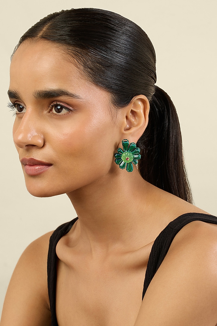 Black Rhodium Finish Crystal Zirconia & Green Stone Stud Earrings by Isharya at Pernia's Pop Up Shop