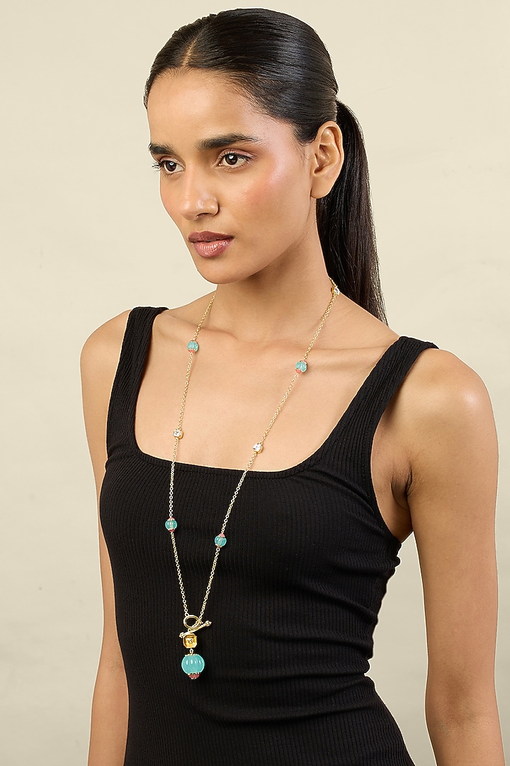 Gold Plated Crystal Zirconia & Turquoise Synthetic Stone Long Toggle Necklace by Isharya at Pernia's Pop Up Shop