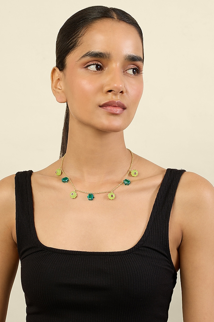 Gold Plated Crystal Zirconia & Green Doublet Stone Choker Necklace by Isharya at Pernia's Pop Up Shop