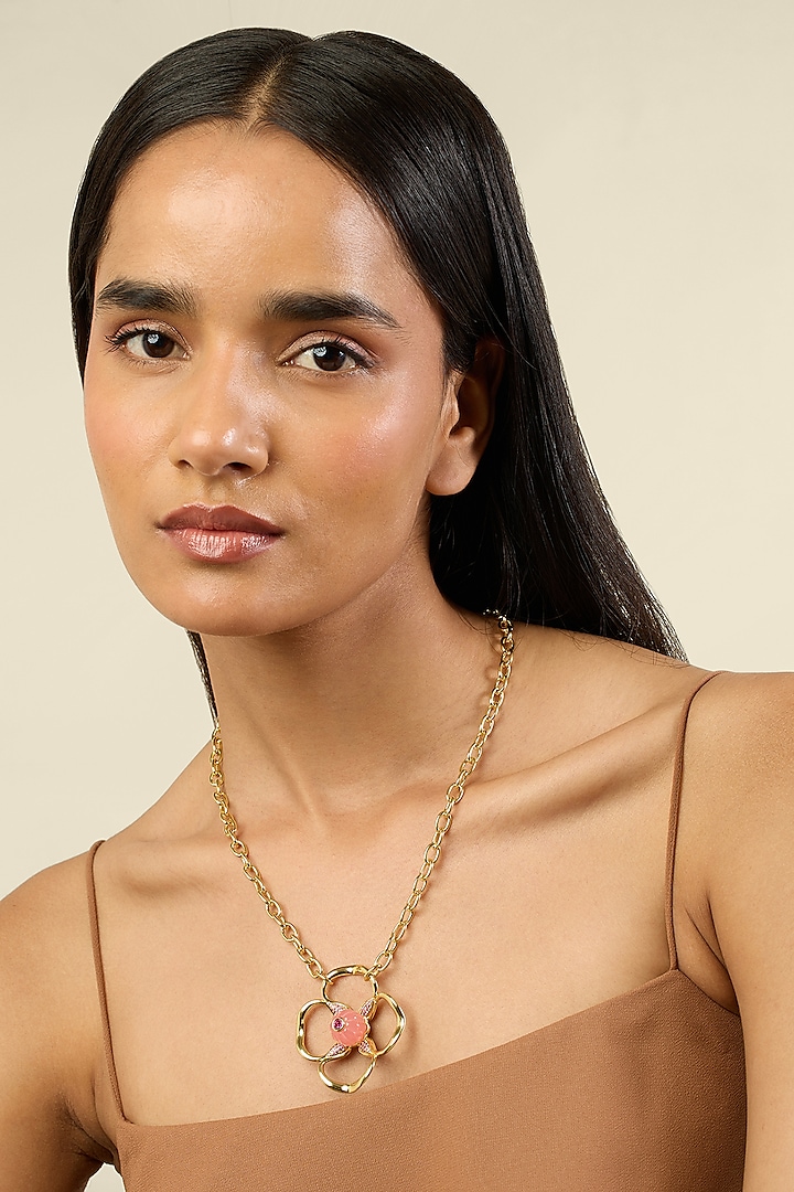 Gold Plated Crystal Zirconia & Pink Stone Pendant Necklace by Isharya at Pernia's Pop Up Shop