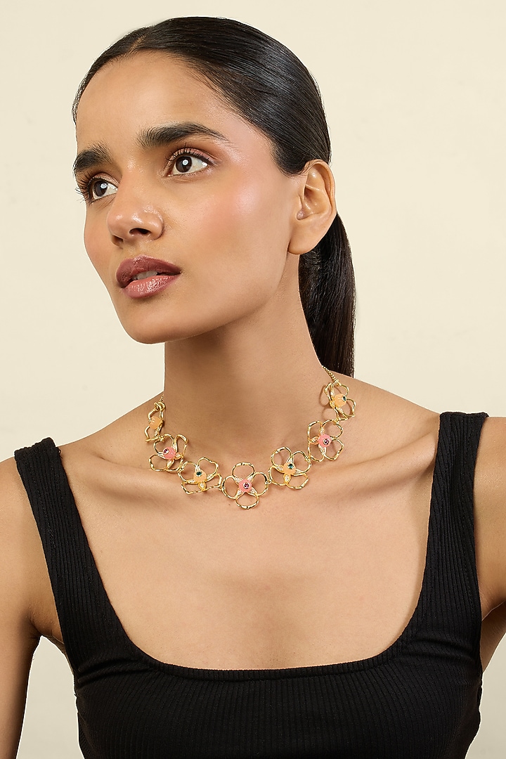 Gold Plated Crystal Zirconia & Multi-Colored Resin Work Choker Necklace by Isharya at Pernia's Pop Up Shop
