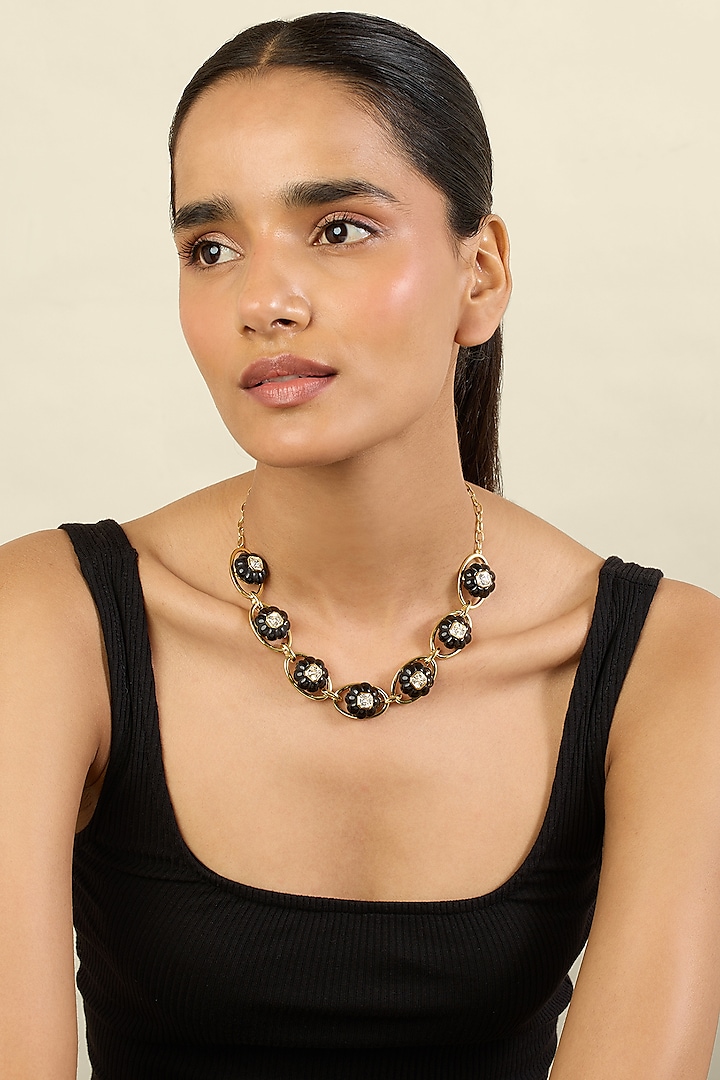 Gold Plated Crystal Zirconia & Black Synthetic Stone Collar Necklace by Isharya at Pernia's Pop Up Shop