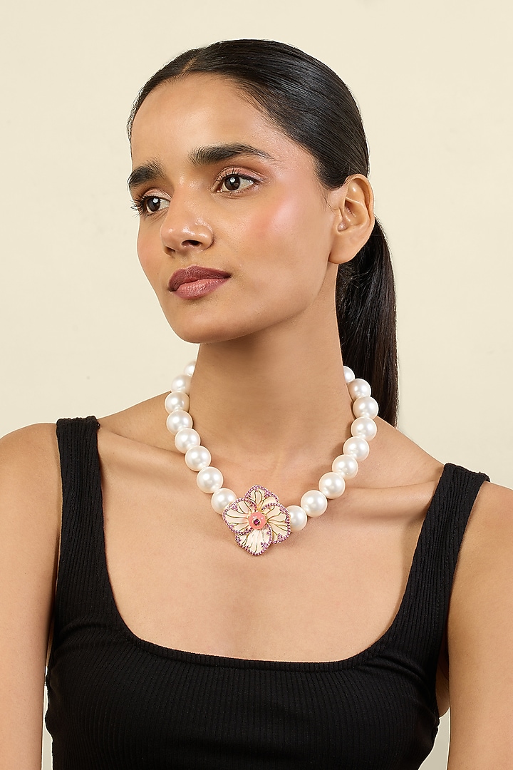Gold Plated Crystal Zirconia & Pink Stone Floral Choker Necklace by Isharya at Pernia's Pop Up Shop