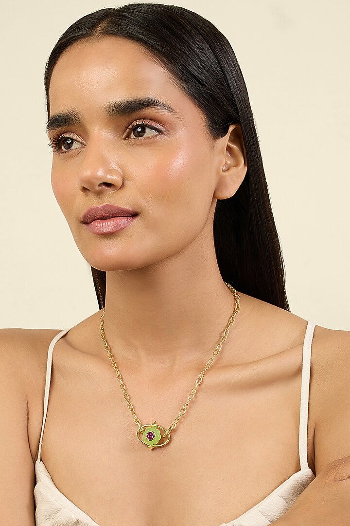Gold Plated Crystal Zirconia & Green Stone Pendant Necklace by Isharya at Pernia's Pop Up Shop