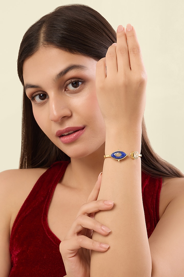 Gold Plated Lapis Lazuli & Crystal Open Cuff by Isharya at Pernia's Pop Up Shop