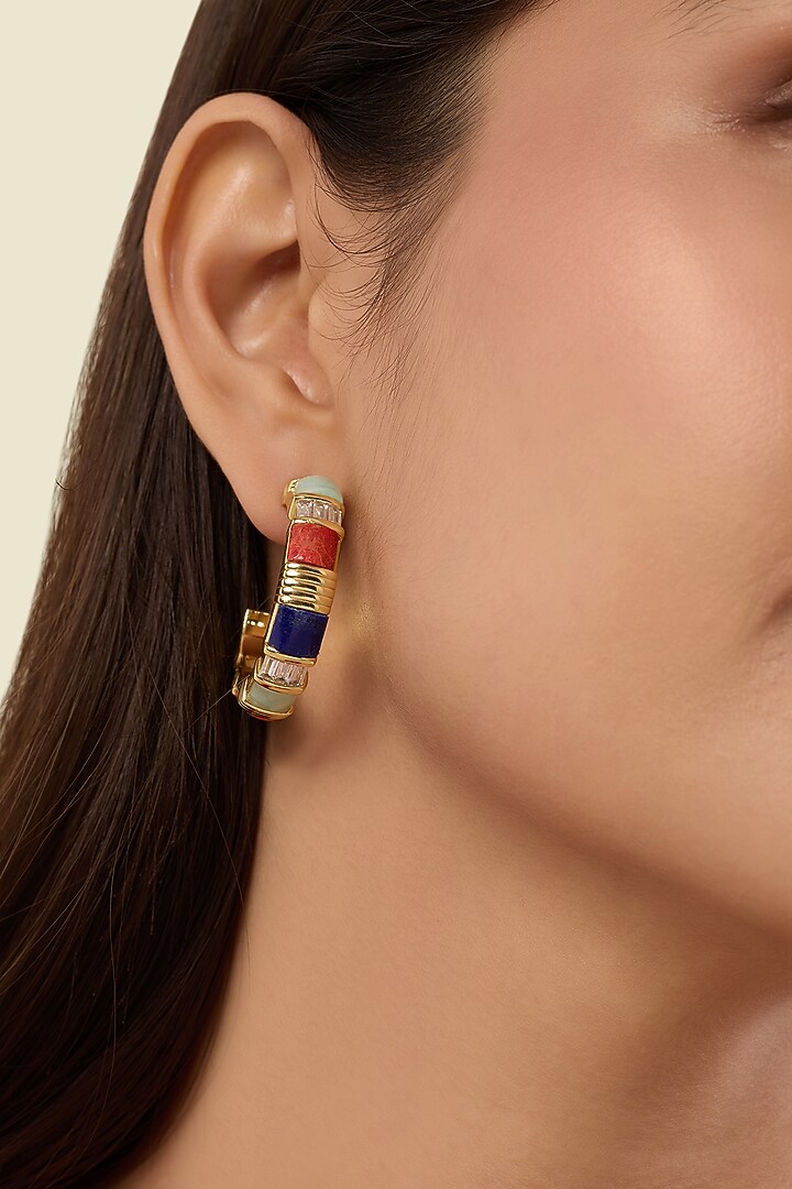Gold Plated Amazonite & Lapis Lazuli Hoop Earrings by Isharya at Pernia's Pop Up Shop