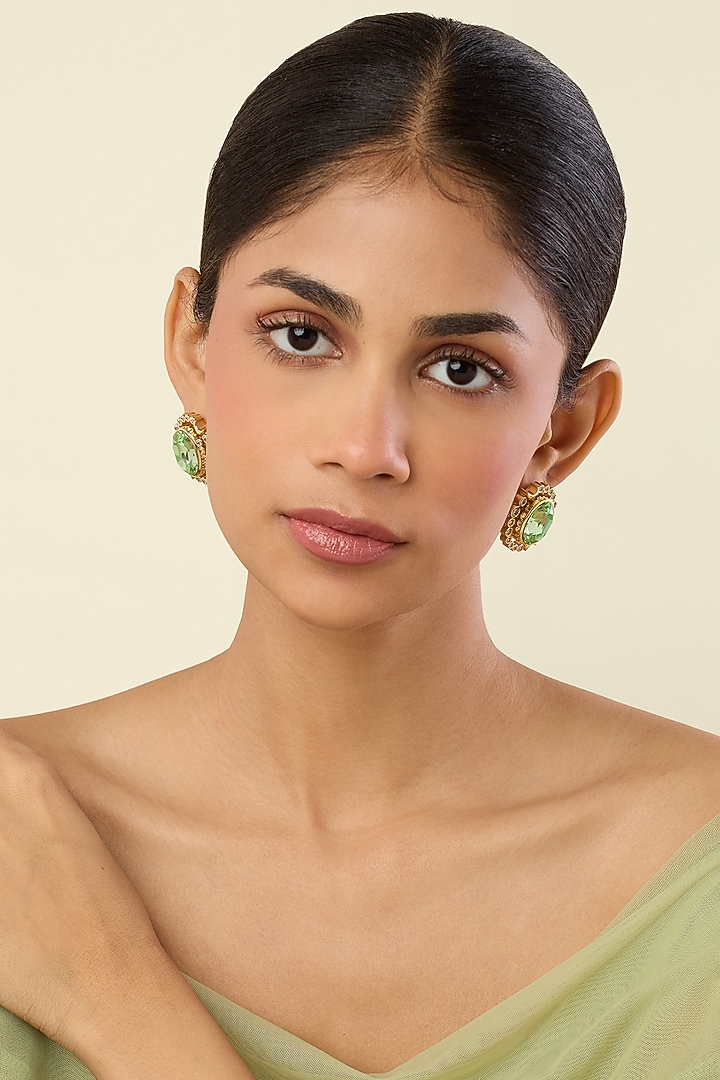 Gold Plated Green Crystal Stud Earrings by Isharya at Pernia's Pop Up Shop