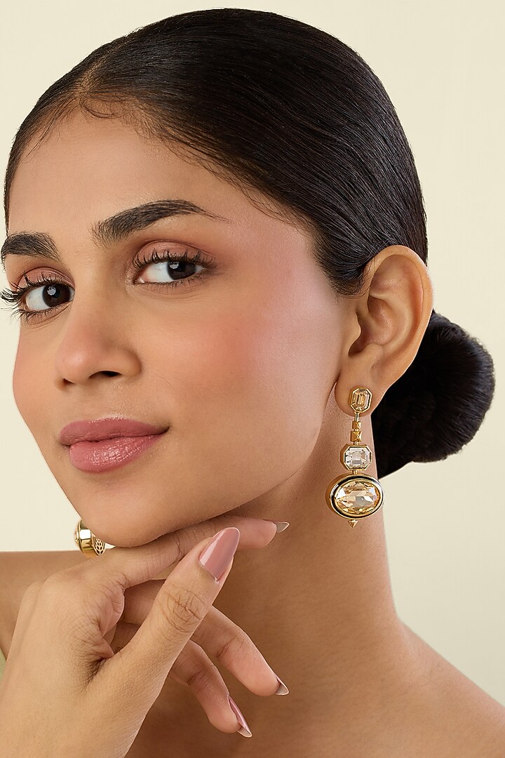 Gold Plated Yellow Crystal Dangler Earrings by Isharya at Pernia's Pop Up Shop