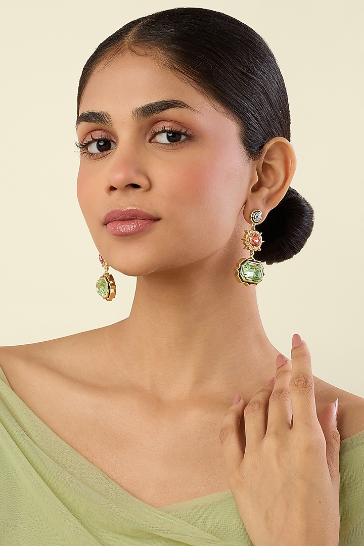 Gold Plated Multi-Colored Crystal Dangler Earrings by Isharya at Pernia's Pop Up Shop