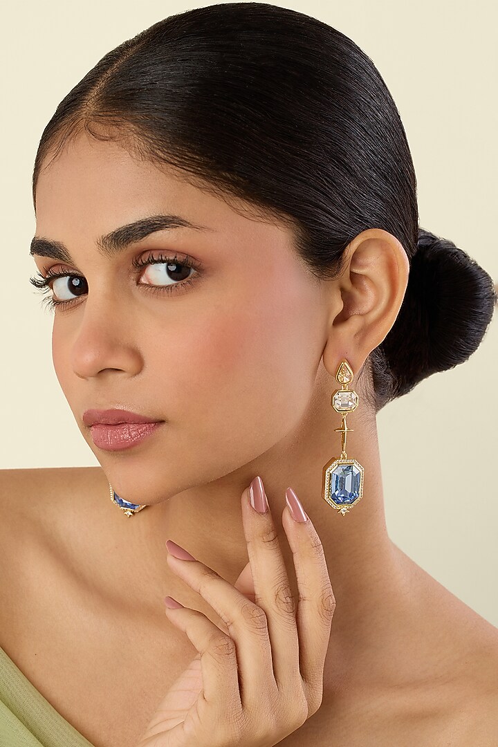 Gold Plated Multi-Colored Crystal Dangler Earrings by Isharya at Pernia's Pop Up Shop