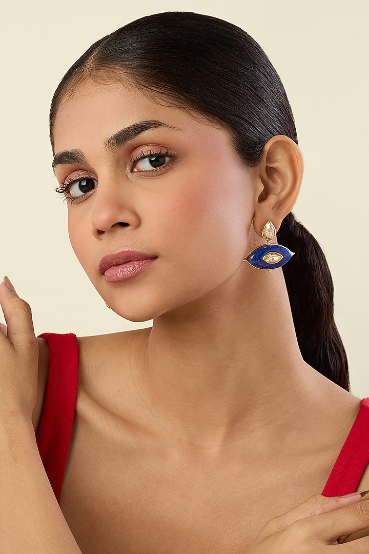Gold Plated Crystal & Lapis Lazuli Dangler Earrings by Isharya at Pernia's Pop Up Shop