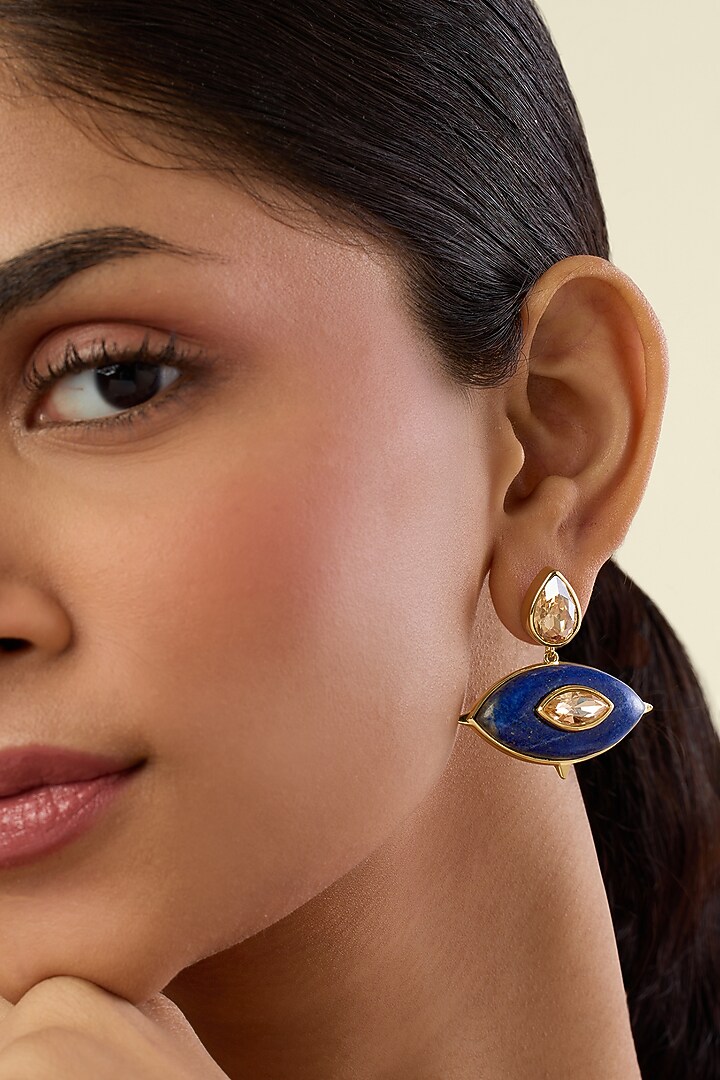 Gold Plated Crystal & Lapis Lazuli Dangler Earrings by Isharya at Pernia's Pop Up Shop