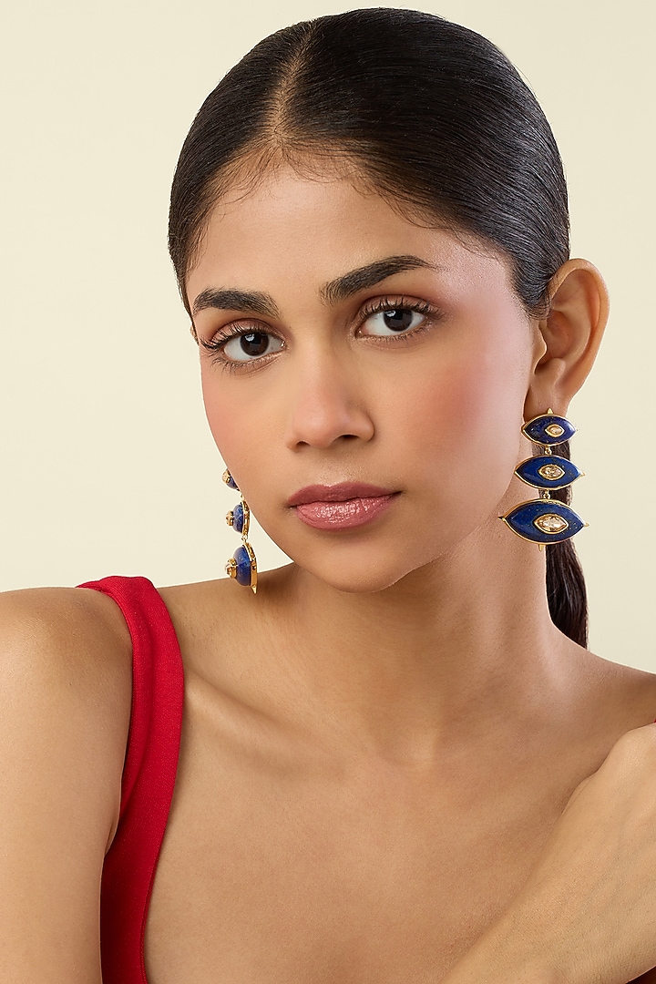 Gold Plated Blue Crystal Dangler Earrings by Isharya at Pernia's Pop Up Shop