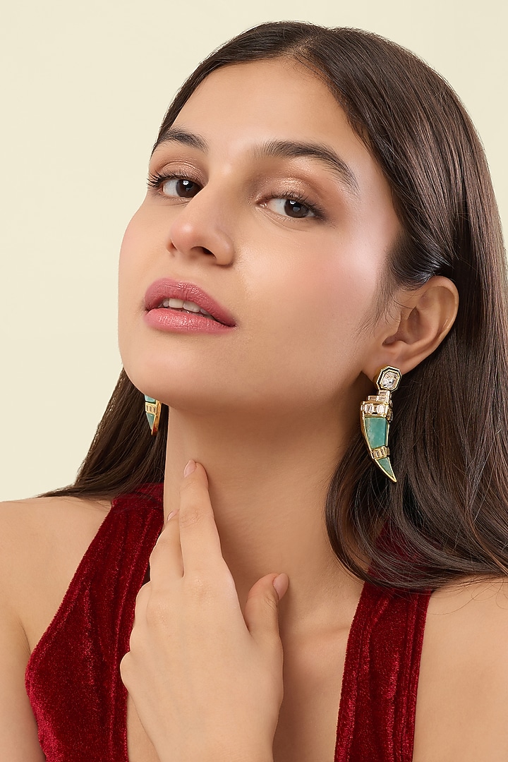 Gold Plated Amazonite Crystal Dangler Earrings by Isharya at Pernia's Pop Up Shop