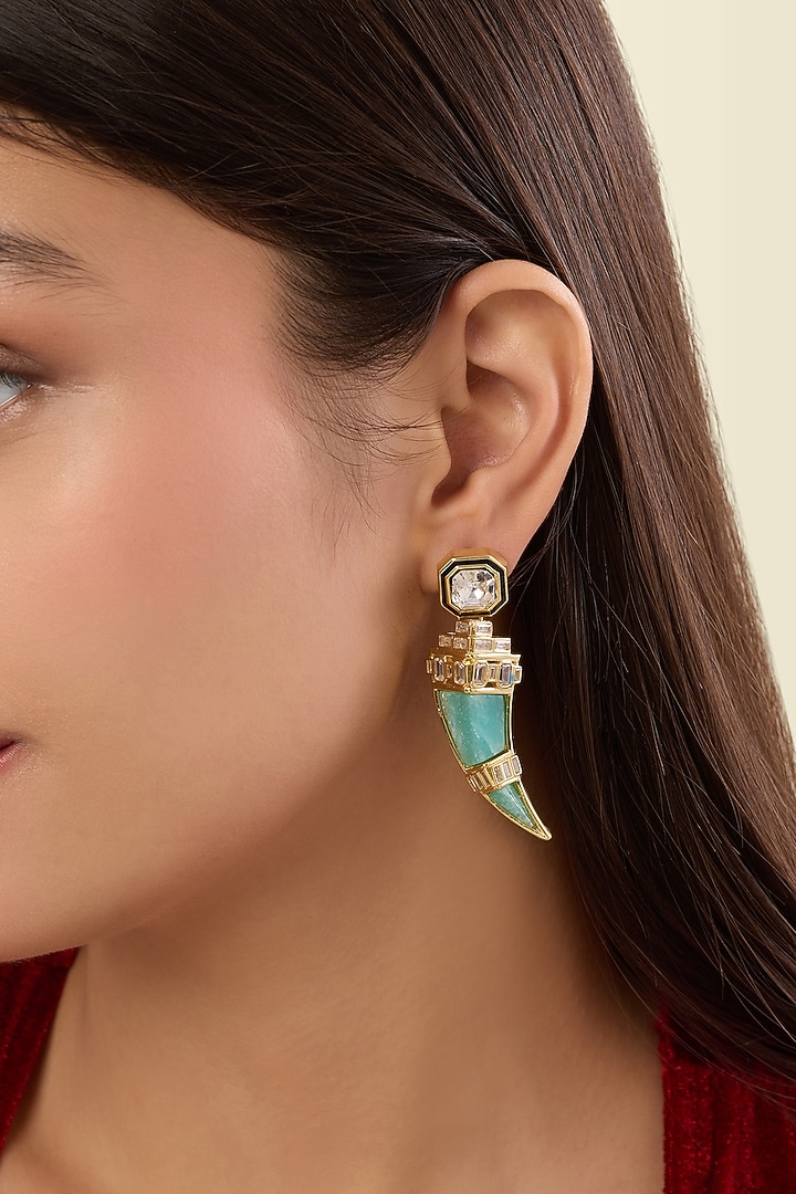 Gold Plated Amazonite Crystal Dangler Earrings by Isharya at Pernia's Pop Up Shop