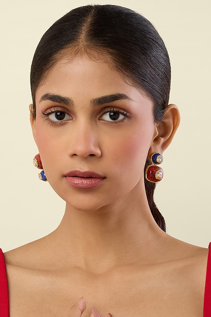 Gold Plated Lapis Lazuli & Red Garnet Dangler Earrings by Isharya at Pernia's Pop Up Shop