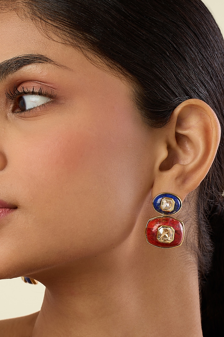 Gold Plated Lapis Lazuli & Red Garnet Dangler Earrings by Isharya at Pernia's Pop Up Shop