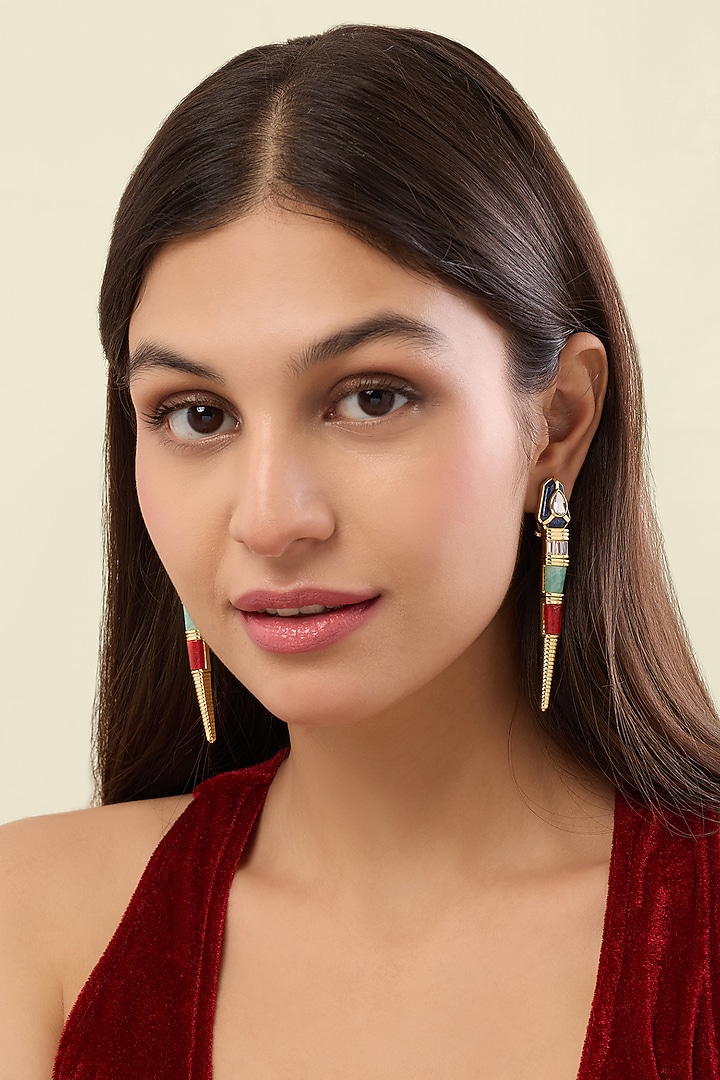 Gold Plated Lapis Lazuli & Crystal Dangler Earrings by Isharya at Pernia's Pop Up Shop