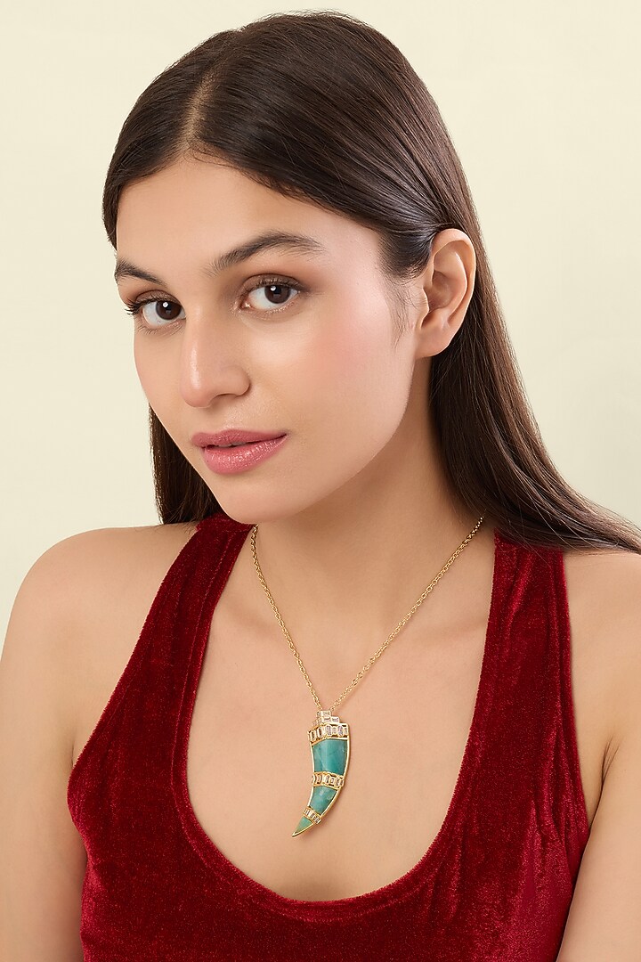 Gold Plated Amazonite & Crystal Pendant Necklace by Isharya at Pernia's Pop Up Shop