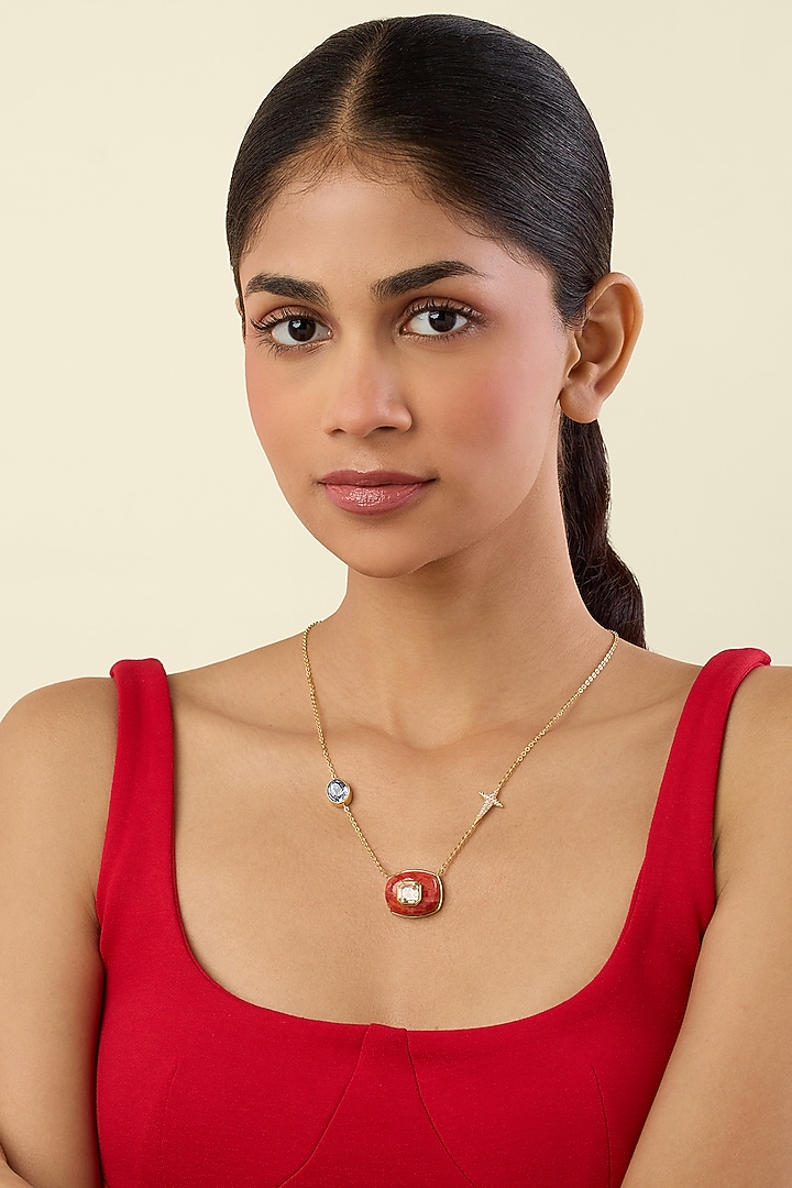 Gold Plated Crystal & Coral Stone Pendant Necklace by Isharya at Pernia's Pop Up Shop
