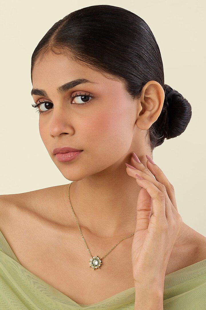 Gold Plated Green Crystal Pendant Necklace by Isharya at Pernia's Pop Up Shop