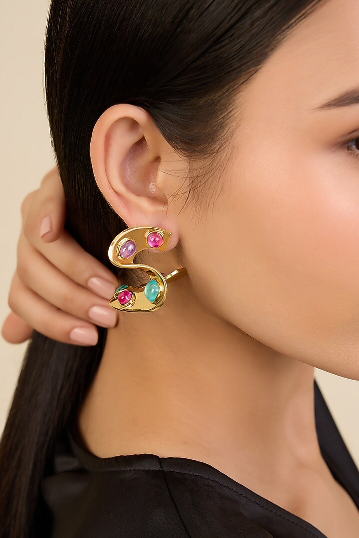 Gold Plated Pink Tourmaline & Amethyst Hoop Earrings by Isharya at Pernia's Pop Up Shop