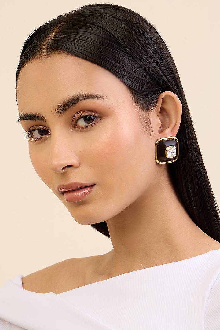 Gold Plated Black Resin Crystal Stud Earrings by Isharya at Pernia's Pop Up Shop