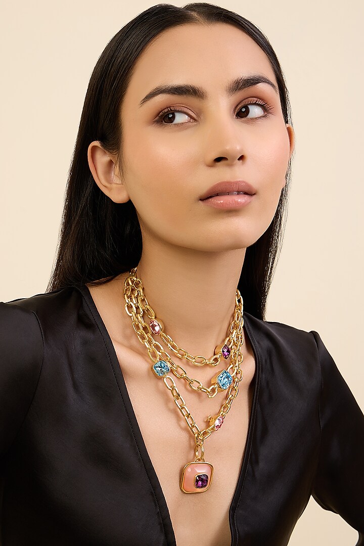 Gold Plated Synthetic Stone Layered Necklace by Isharya at Pernia's Pop Up Shop