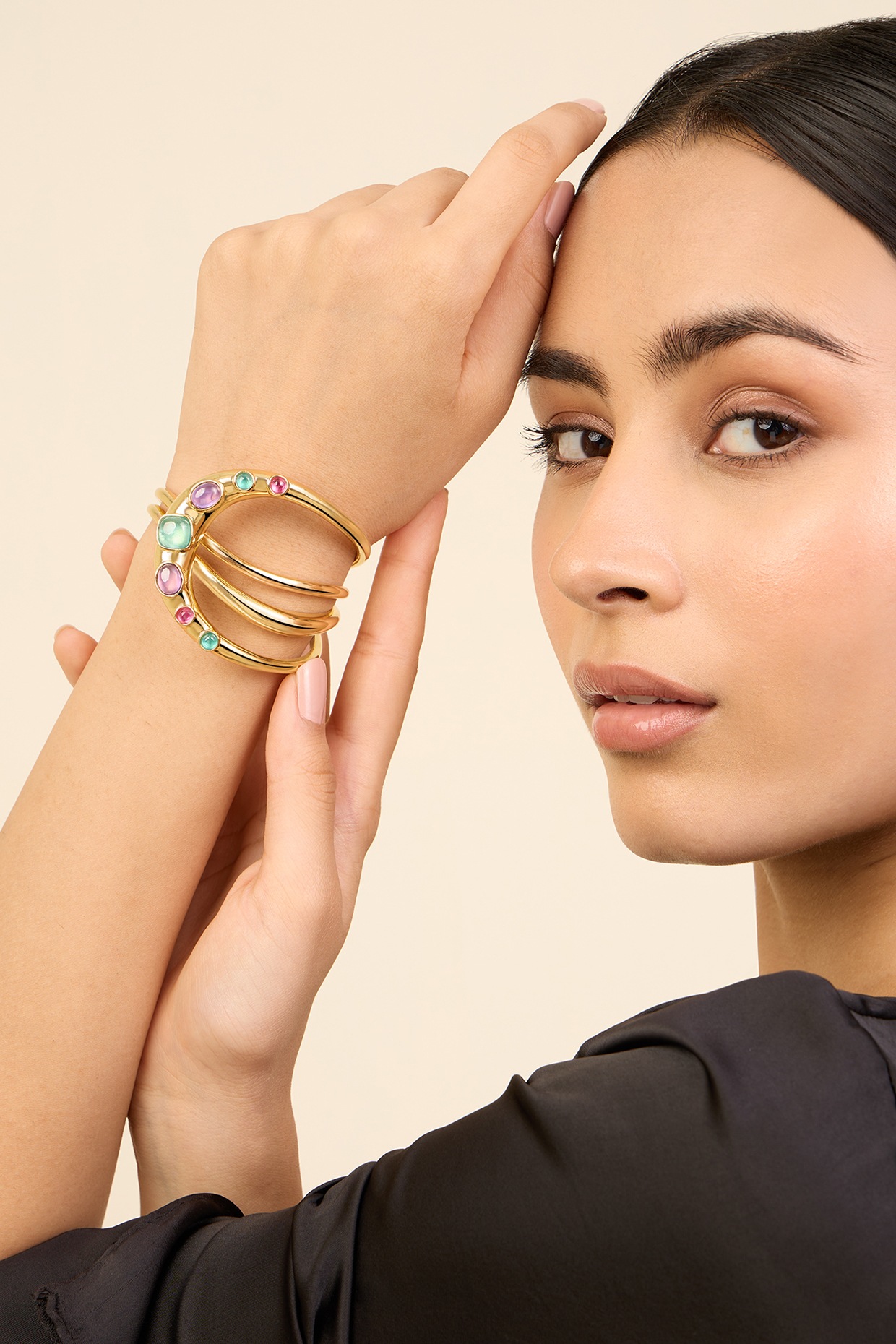 Gold Plated Pink Tourmaline Amethyst Statement Cuff by Isharya